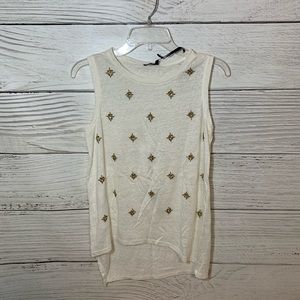 NWT! Bylyse Linen Ecru Tank Top with Gold Beading